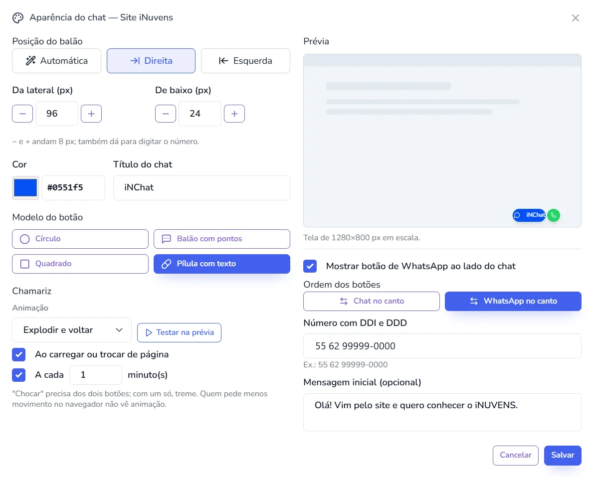 Tela de aparência do chat: posição, cor, modelo do botão, chamariz e botão de WhatsApp com prévia